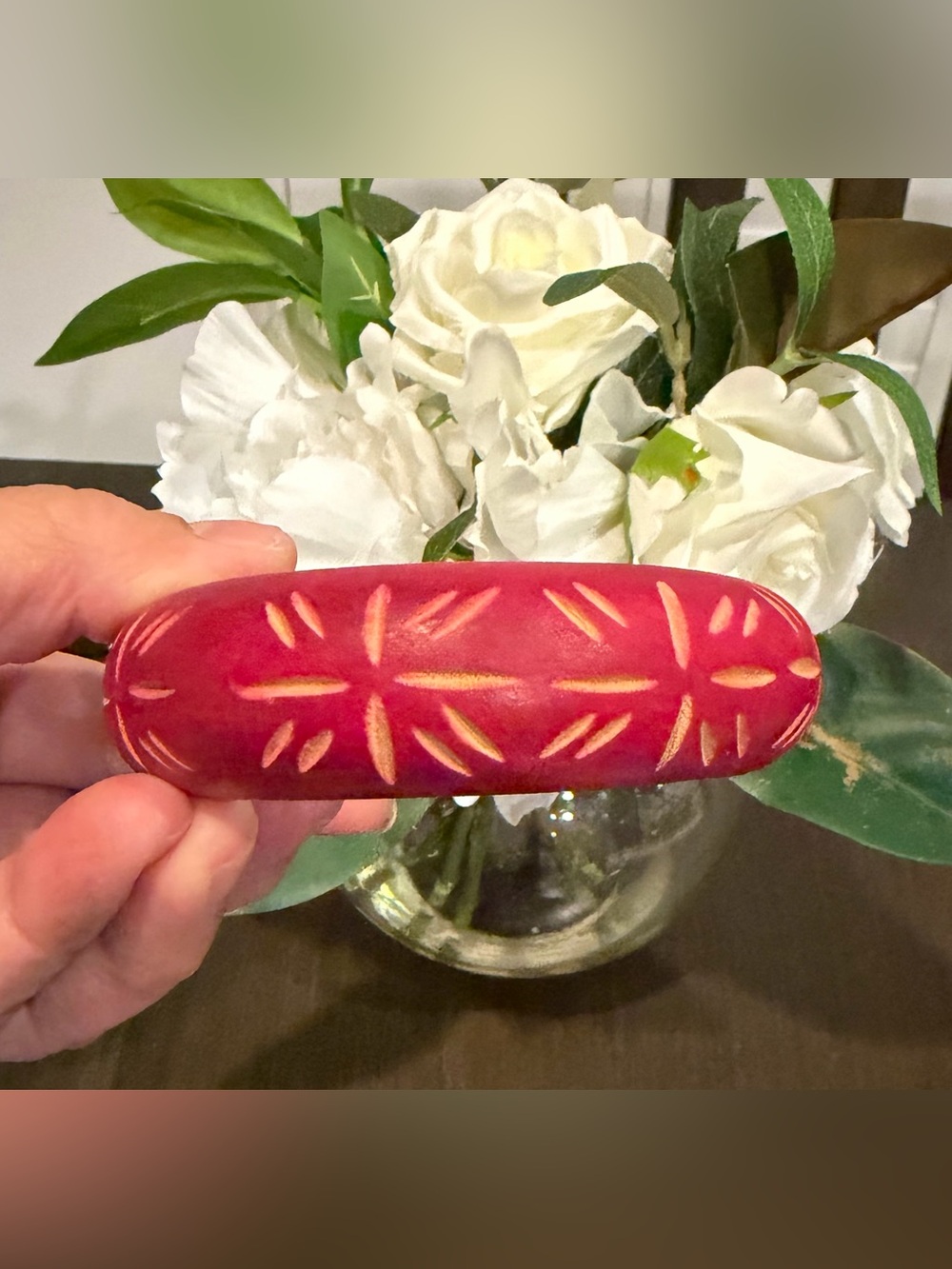 Vintage Carved Maroon Fuchsia Red Wooden Bangle Bracelet
